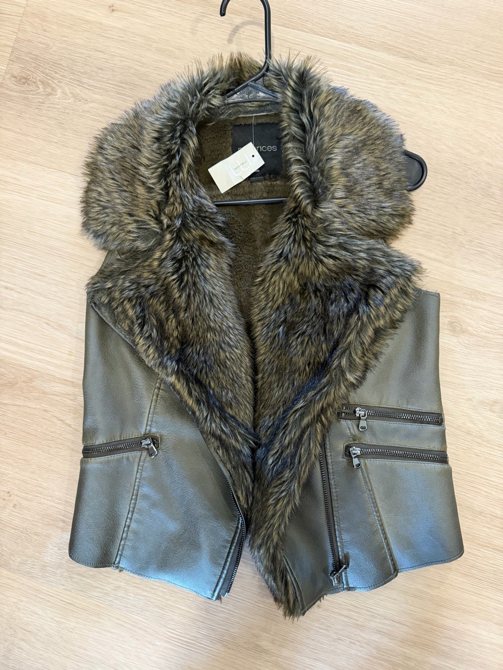 Maurices Faux Leather Faux Fur Moto Vest Olive Green Small NWT